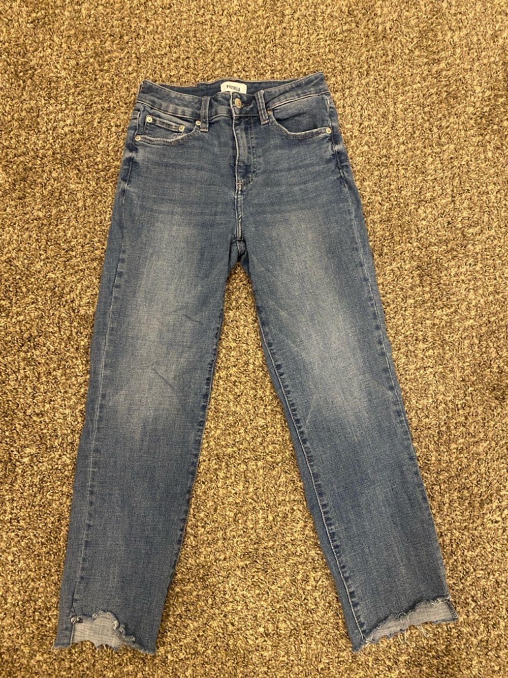 pistola Women's Faded Blue Ankle Jeans with Frayed Hem